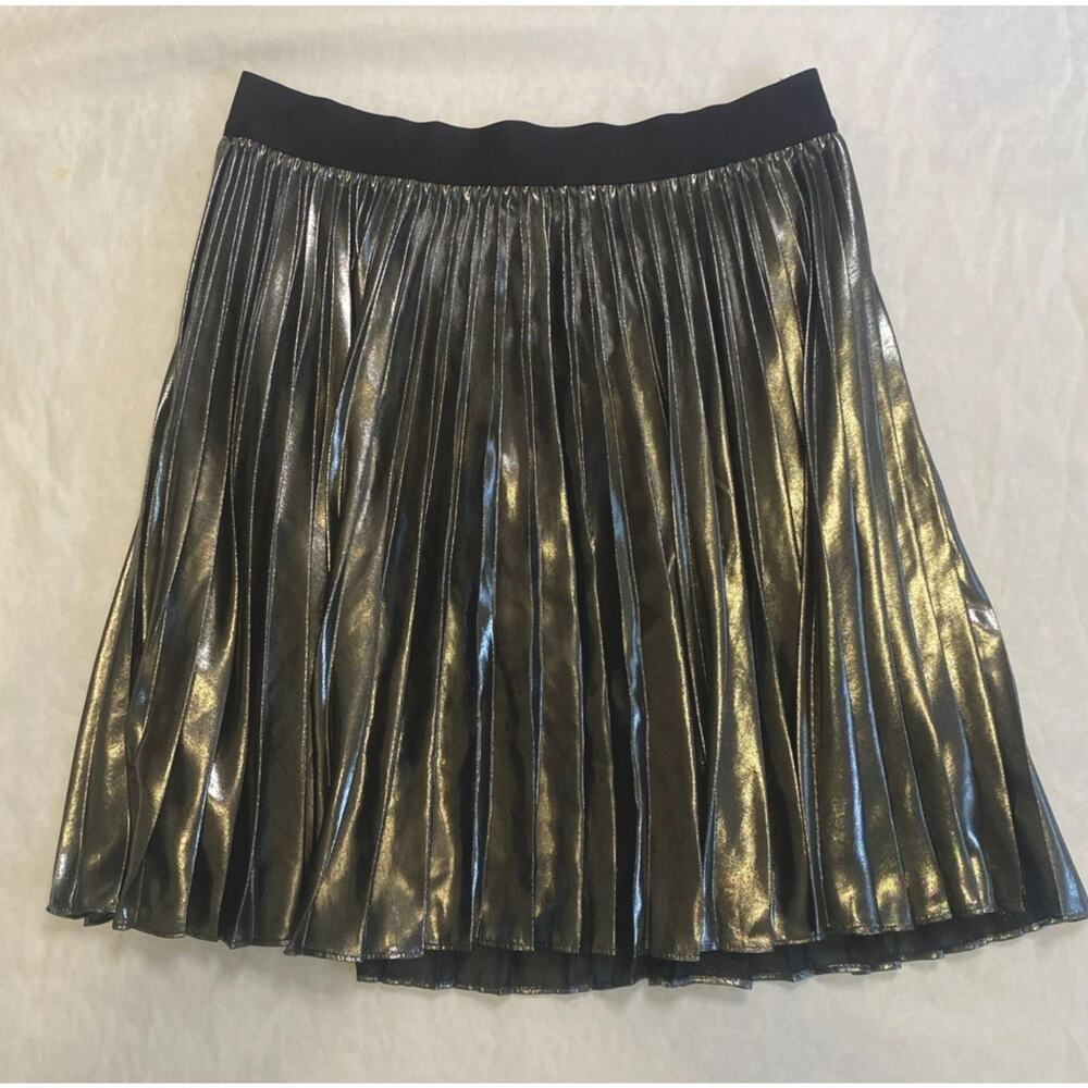 Metallic Pleated Mini Skirt Womens S Black Silver Party Going Out Elastic Waist